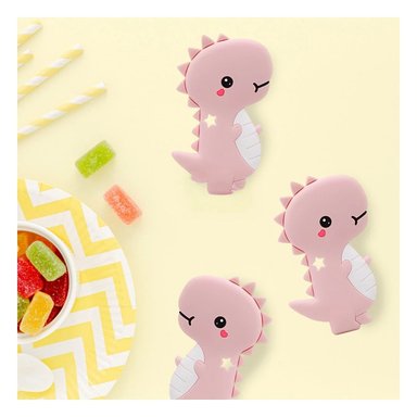 PACK4 JUGUETE SILICONA MODELO DINOSAURIO PARA BEBE ROSADO DE RESISTENCIA ALTA Y+REGALO STICKER - 3
