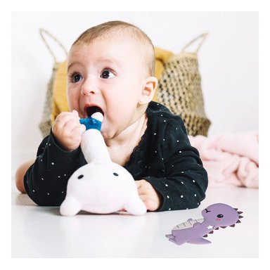 PACK4 ACCESORIO SILICONA ESTILO DINOSAURIO PARA BEBE LILA CON ACABADO SUAVE Y+PAPEL REGALO - 2