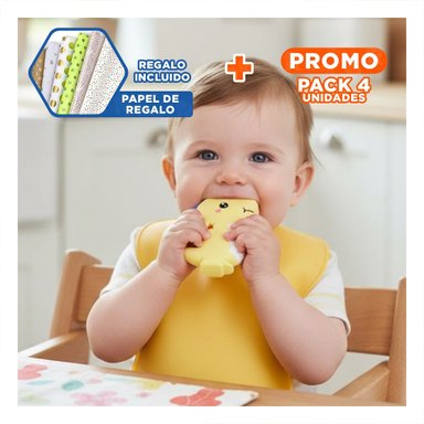PACK4 MORDEDOR SILICONA DISENO DINOSAURIO PARA BEBE AMARILLO PARA USO PROLONGADO Y+PAPEL REGALO - 1