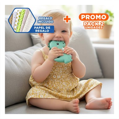PACK2 LIMPIADOR SILICONA MODELO DINOSAURIO PARA BEBE VERDE CON AGARRE SEGURO Y+PAPEL REGALO - 1