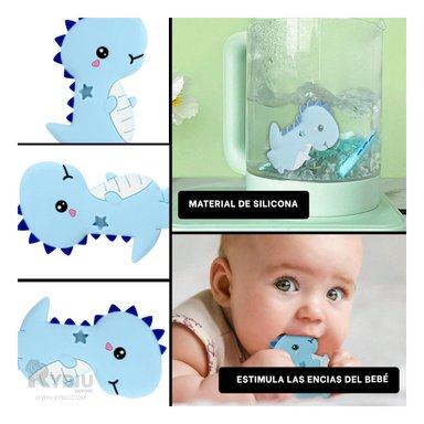 PACK12 LIMPIADOR SILICONA DISENO DINOSAURIO PARA BEBE AZUL DE GOMA RESISTENTE Y+PAPEL REGALO - 2