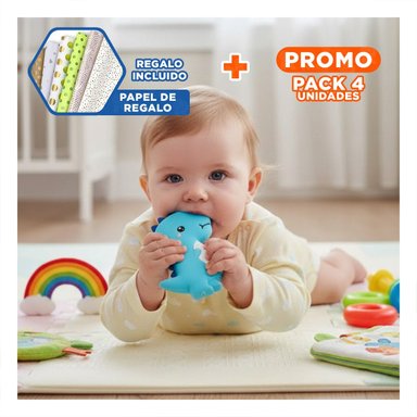 PACK4 JUGUETE SILICONA MODELO DINOSAURIO PARA BEBE AZUL DE RESISTENCIA ALTA Y+PAPEL REGALO - 1