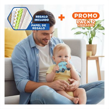 PACK2 HERRAMIENTA DE DENTICION EN SILICONA CON FORMA DE CARRO CELESTE Y+PAPEL REGALO - 1