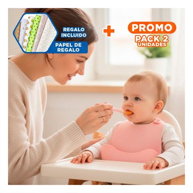 PACK2 DELANTAL CON CUCHARA DE SILICONA ROSADO OSITO SEGURO PARA BEBE Y+PAPEL REGALO - 1