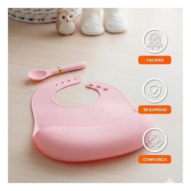 PACK2 DELANTAL CON CUCHARA DE SILICONA ROSADO OSITO SEGURO PARA BEBE Y+PAPEL REGALO - 5