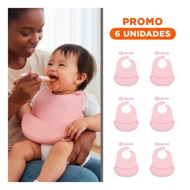 PACK6 DELANTAL CON CUCHARA DE SILICONA ROSADO OSITO DIVERTIDO Y PRACTICO - 1