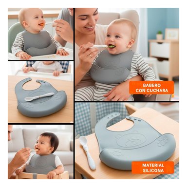 DELANTAL CON CUCHARA DE SILICONA PLOMO OSITO SEGURO Y DIVERTIDO PARA MAMA Y+LIGAS REGALO - 5