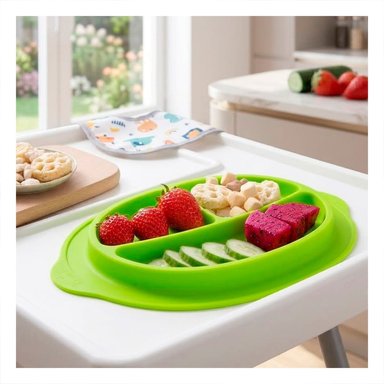 PACK6 PLATO DE SILICONA CARITA FELIZ VERDE CON 3 ESPACIOS - 3