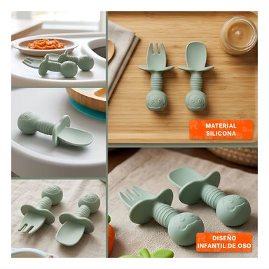 COLECCION 2 PRE CUCHARA Y TENEDOR MANGO CORTO OSITO VERDE OSCURO PARA PICNIC Y+LIGAS REGALO - 5