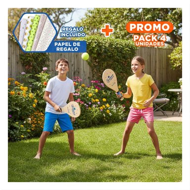 PACK4 PALETAS PLAYERAS JUNIOR CON PELOTA PARA PLAYA Y PATIO Y+PAPEL REGALO - 1