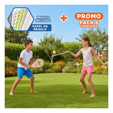 PACK6 PACK DE PALETAS PLAYERAS JUNIOR CON PELOTA PARA DIVERSION Y+PAPEL REGALO - 1
