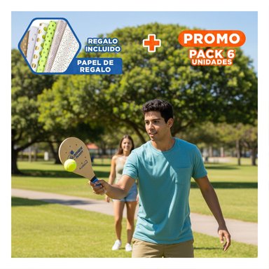 PACK6 PACK DE PALETAS PLAYERAS PARA ADULTO CON PELOTA PARA DIVERSION Y+PAPEL REGALO - 1