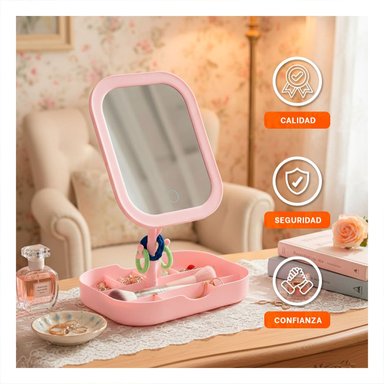 UNIDAD DE MAQUILLAJE LED CUADRADO ROSADO CON ORGANIZADOR INTEGRADO Y+LIGAS REGALO - 3