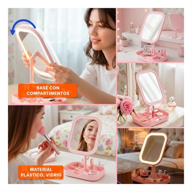 KIT TOCADOR CON LUZ LED CUADRADO ROSADO Y BANDEJA MULTIFUNCIONAL Y+POST IT - 5