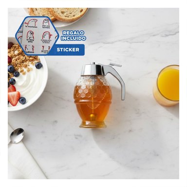 ENVASE FRASCO MIELERO 200ML TRANSPARENTE PARA SERVIR MIEL Y POSTRES Y+REGALO STICKER - 1