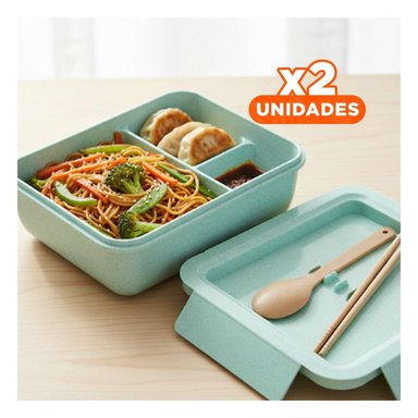 PACK2 ENVASE CUADRADO CON CUBIERTOS 1100ML ROSADO PARA LUNCH Y LLEVAR COMIDA Y+REGALO STICKER - 1