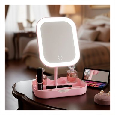 PACK4 SOPORTE DE MAQUILLAJE LED CUADRADO ROSADO CON ESPACIOS PRACTICOS - 2