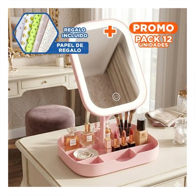 PACK12 BASE DE BELLEZA LED CUADRADO ROSADO CON COMPARTIMENTOS AMPLIOS Y+PAPEL REGALO - 1