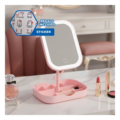 BASE DE BELLEZA CON ESPEJO LED CUADRADO ROSADO Y COMPARTIMENTOS Y+REGALO STICKER - 1