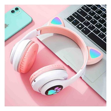PACK12 CASCOS INALAMBRICO TIPO GATO CON LUCES CON HUELLITAS PARA MUSICA ROSADO - 2