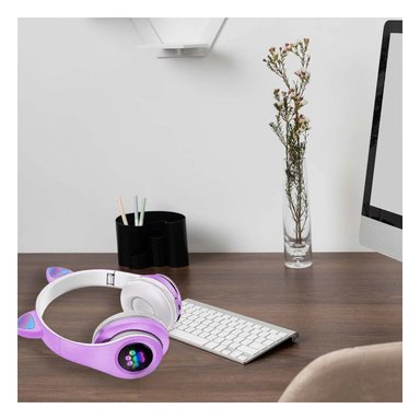 PACK2 HEADSET INALAMBRICO TIPO GATO CON LUCES CON HUELLITAS MORADO Y+PAPEL REGALO - 2