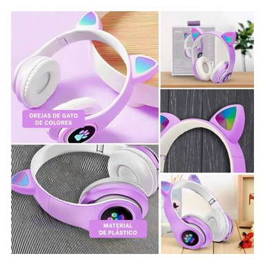 PACK2 HEADSET INALAMBRICO TIPO GATO CON LUCES CON HUELLITAS MORADO Y+PAPEL REGALO - 3