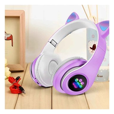 PACK2 HEADSET INALAMBRICO TIPO GATO CON LUCES CON HUELLITAS MORADO Y+PAPEL REGALO - 5