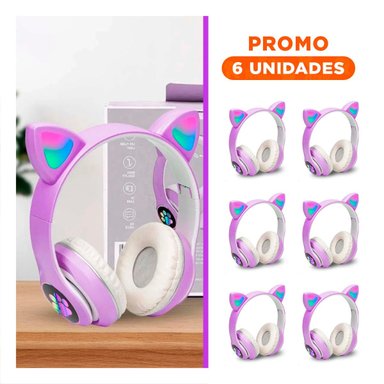 PACK6 AUDIFONOS INALAMBRICO TIPO GATO CON LUCES CON HUELLITAS PARA EJERCICIOS COLOR MORADO - 1