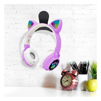 PACK6 AUDIFONOS INALAMBRICO TIPO GATO CON LUCES CON HUELLITAS PARA EJERCICIOS COLOR MORADO - 3