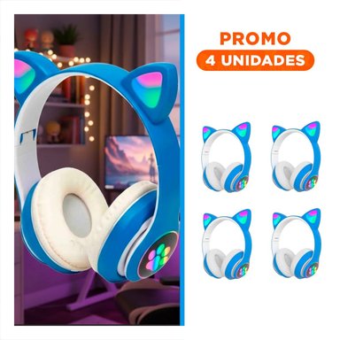 PACK4 HEADSET WIRELESS TIPO GATO CON LUCES CON HUELLITAS PARA ENTRENAR AZUL Y+REGALO STICKER - 1