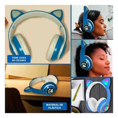 PACK4 HEADSET WIRELESS TIPO GATO CON LUCES CON HUELLITAS PARA ENTRENAR AZUL Y+REGALO STICKER - 2