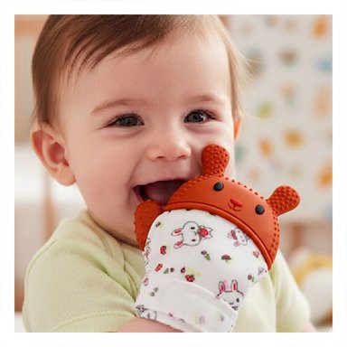 PACK2 GUANTE MORDEDOR INFANTIL EN COLOR NARANJA CON FORMA DE CONEJO Y+REGALO STICKER - 5