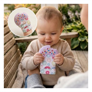 PACK12 MANOPLA MORDEDORA EN COLOR LILA CON FORMA DE DONA SUAVE Y+REGALO STICKER - 3