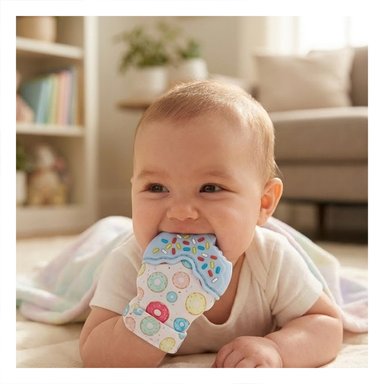 PACK12 MANOPLA MORDEDORA EN COLOR CELESTE CON FORMA DE DONA SUAVE Y+REGALO STICKER - 3