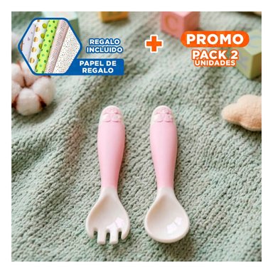 PACK2 SET DE CUCHARA Y TENEDOR COLOR ROSADO FORMA PERRITO CON ESTUCHE HIGIENICO Y+PAPEL REGALO - 1