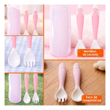 PACK2 SET DE CUCHARA Y TENEDOR COLOR ROSADO FORMA PERRITO CON ESTUCHE HIGIENICO Y+PAPEL REGALO - 3