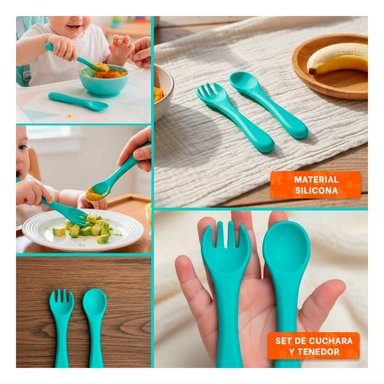 PACK2 SET DE CUCHARA Y TENEDOR INFANTIL EN COLOR VERDE MATERIAL SILICONA Y+PAPEL REGALO - 3
