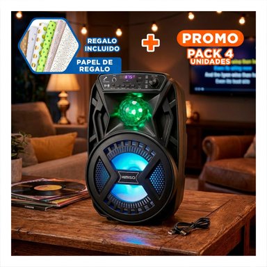PACK4 EQUIPO NEGRO DE 6.5 PULG CON MICROFONO DE PLASTICO Y LUZ LED PARA EVENTOS Y+PAPEL REGALO - 1