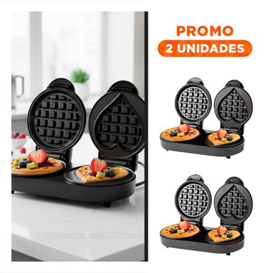 PACK2 MINI WAFLERA DOBLE CIRCULAR Y CORAZON COLOR NEGRO CON PLACAS ANTIADHERENTES - 1