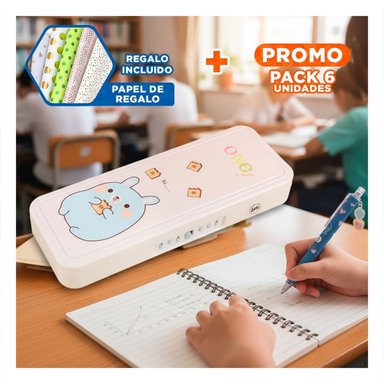 PACK6 NECESER MODERNO CONEJO BEIGE CON CLAVE 2 NIVELES ESCOLAR Y+PAPEL REGALO - 1