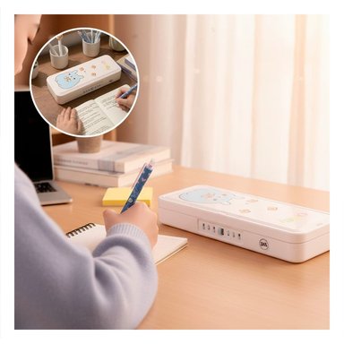 PACK6 NECESER MODERNO CONEJO BEIGE CON CLAVE 2 NIVELES ESCOLAR Y+PAPEL REGALO - 2