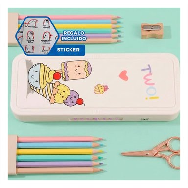 LAPICERA ESCOLAR BEIGE CON DOBLE NIVEL Y CLAVE DISENO HELADOS Y+REGALO STICKER - 1