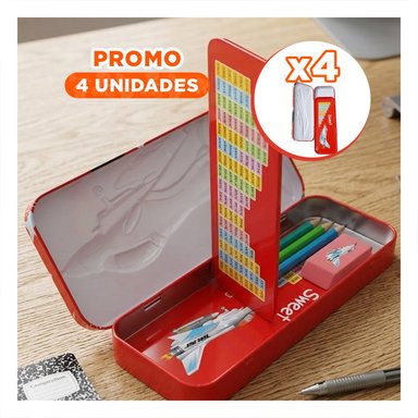 PACK4 CARTUCHERA RIGIDA BLANCO DE METAL CON COMPARTIMENTO PARA UTILES - 1