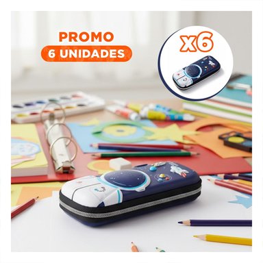 PACK6 FUNDA ESCOLAR ASTRONAUTA HAPPY AZUL ALTO RELIEVE CON CIERRE SEGURO Y+REGALO STICKER - 1