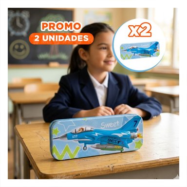 PACK2 CARTUCHERA PRACTICA CELESTE METALICA CON SEPARADOR AMPLIO Y+REGALO STICKER - 1
