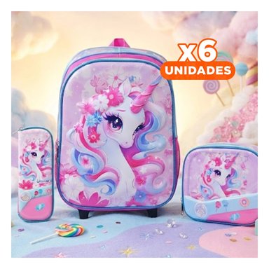 PACK6 BOLSO PACK ROSADO DE UNICORNIO CON LONCHERA Y CARTUCHERA ESCOLAR Y+REGALO STICKER - 1