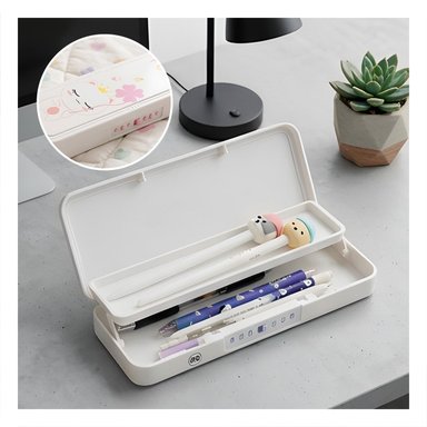 PACK12 ESTUCHE KAWAII CON CLAVE 2 NIVELES GATO CON FLOR BEIGE PARA COLEGIO Y+PAPEL REGALO - 3