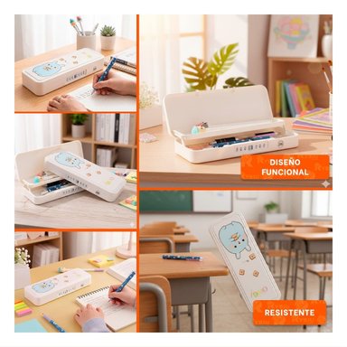 PORTA COLORES PRACTICO CONEJO BEIGE CON CLAVE 2 NIVELES INFANTIL Y+POST IT - 5