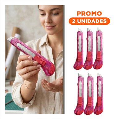 PACK2 NAVAJA ESCOLAR 15CM ROSADO TRANSPARENTE SET 3 UNIDADES OFICINA - 1