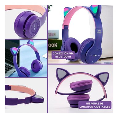 PACK4 AUDIFONOS TIPO GATO CON LUCES MORADO PARA JUEGOS Y ESCRITURA - 5